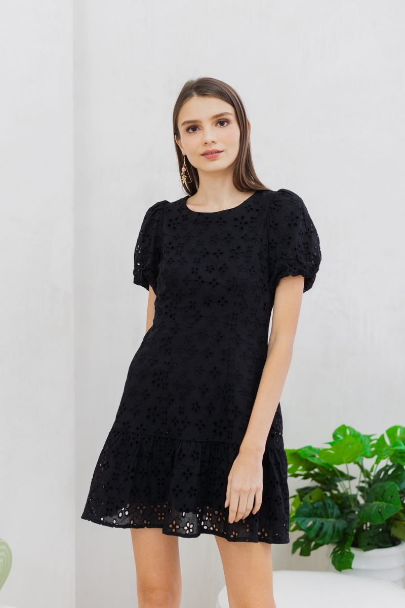 Georgette Puff Sleeve Eyelet Dress in Black