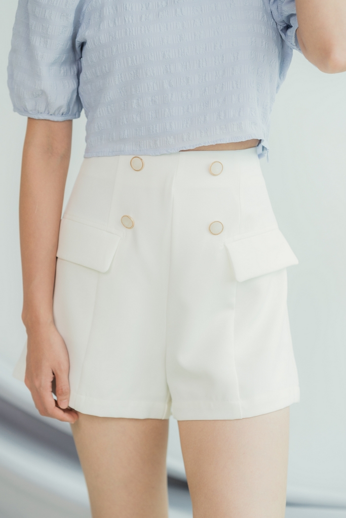 White deals button shorts