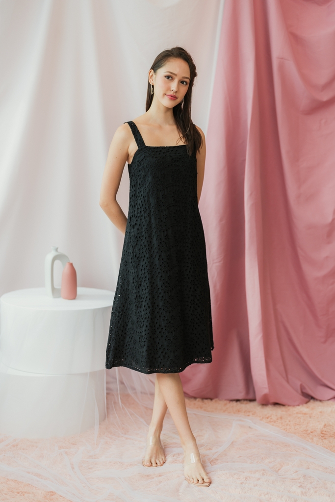 Black eyelet shop midi dress